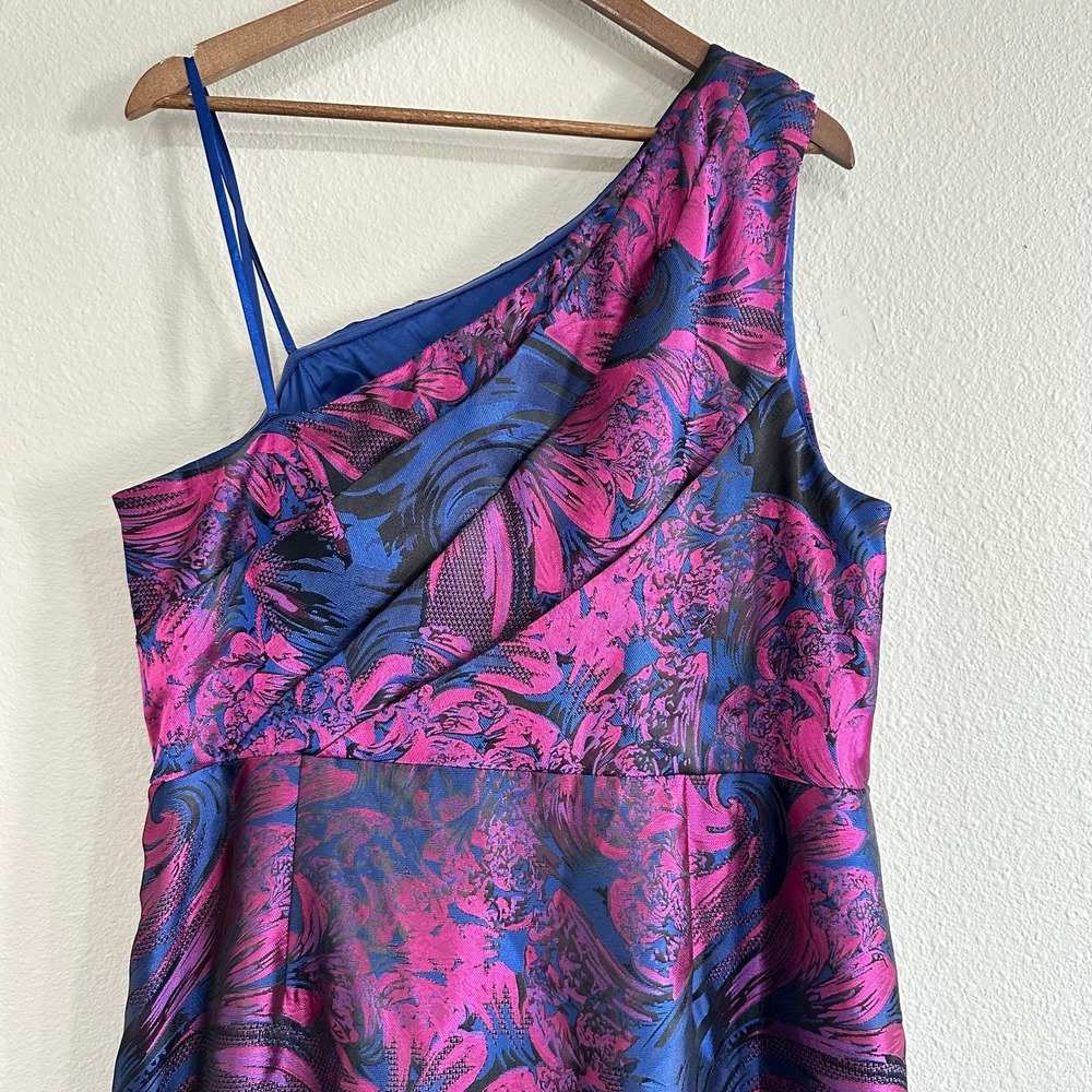 Adrianna Papell Size 20 Blue Pink Brocade Floral Formal Dress One Shoulder - Picture 11 of 13